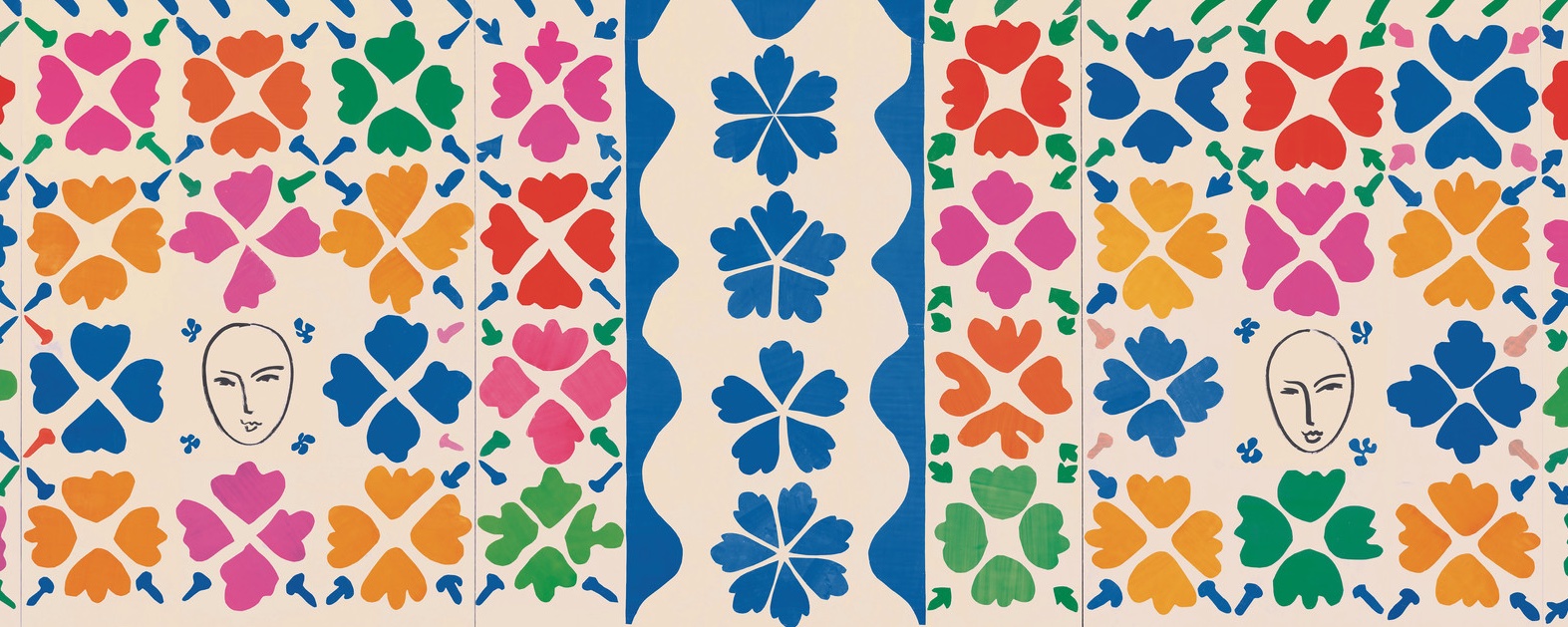 A colorful composition of blue, green, pink, orange, and red flowers with two hand-drawn faces.